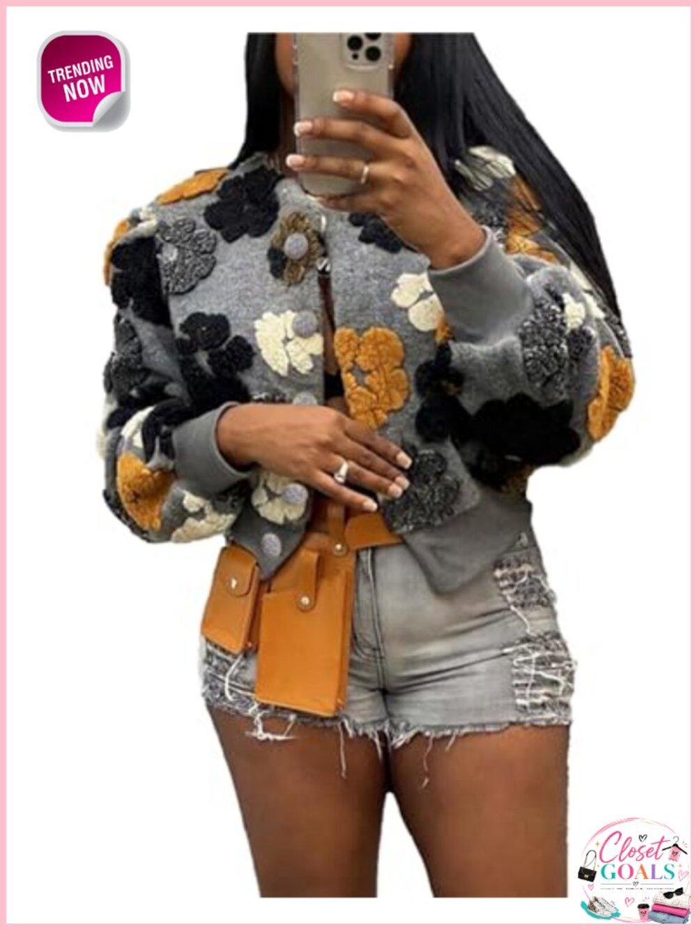 Cropped Fleece Bomber Jacket Floral Print Sherpa Coat Button Down